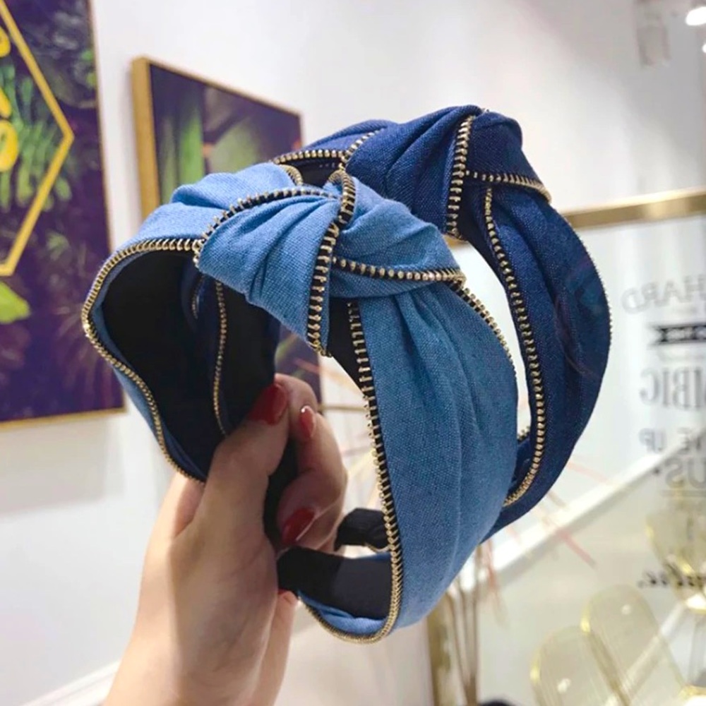 NWT Denim blue headband with gold zipper knot hairband new